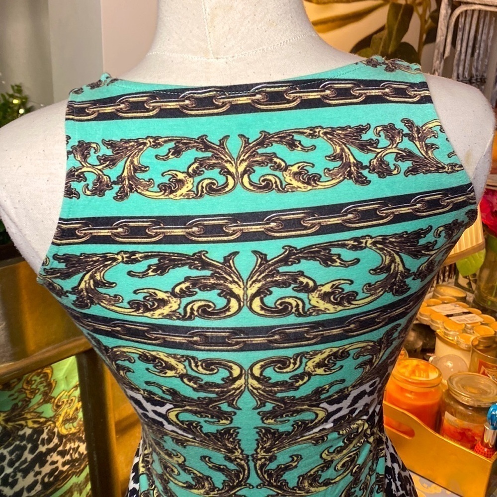 ๐ท Buffalo David Bitton ๐ท Y2K Sleeveless Green Gold Chain Geometric Pattern Dress - Picture 7 of 15